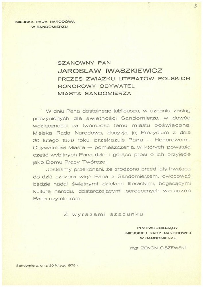 Akt przekazania J. Iwaszkiewiczowi Domu Pracy Twórczej w Sandomierzu w 1979 r., ze zbiorów Muzeum Okręgowego w Sandomierzu, nr inw, MLS/2457
