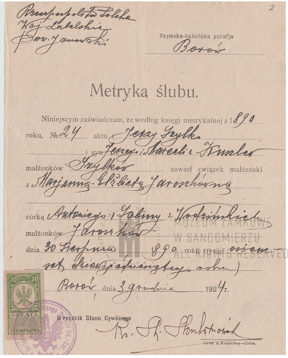 Metryka ślubu z 1904 roku